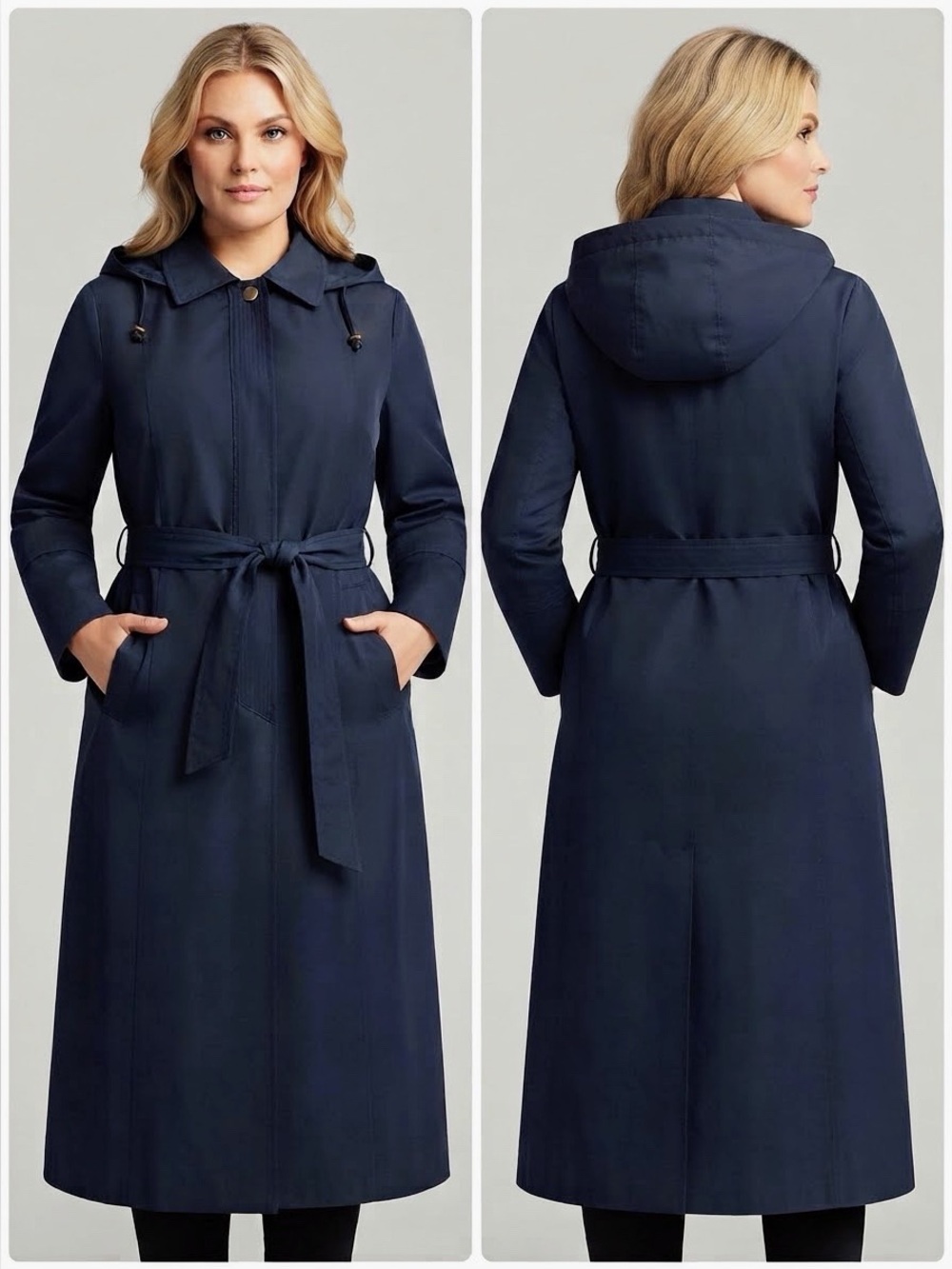 NWT WOMEN PLUS SIZE TRENCH COAT NAVY BLUE HOOD COAT BELTED LINED JACKET RAINCOAT